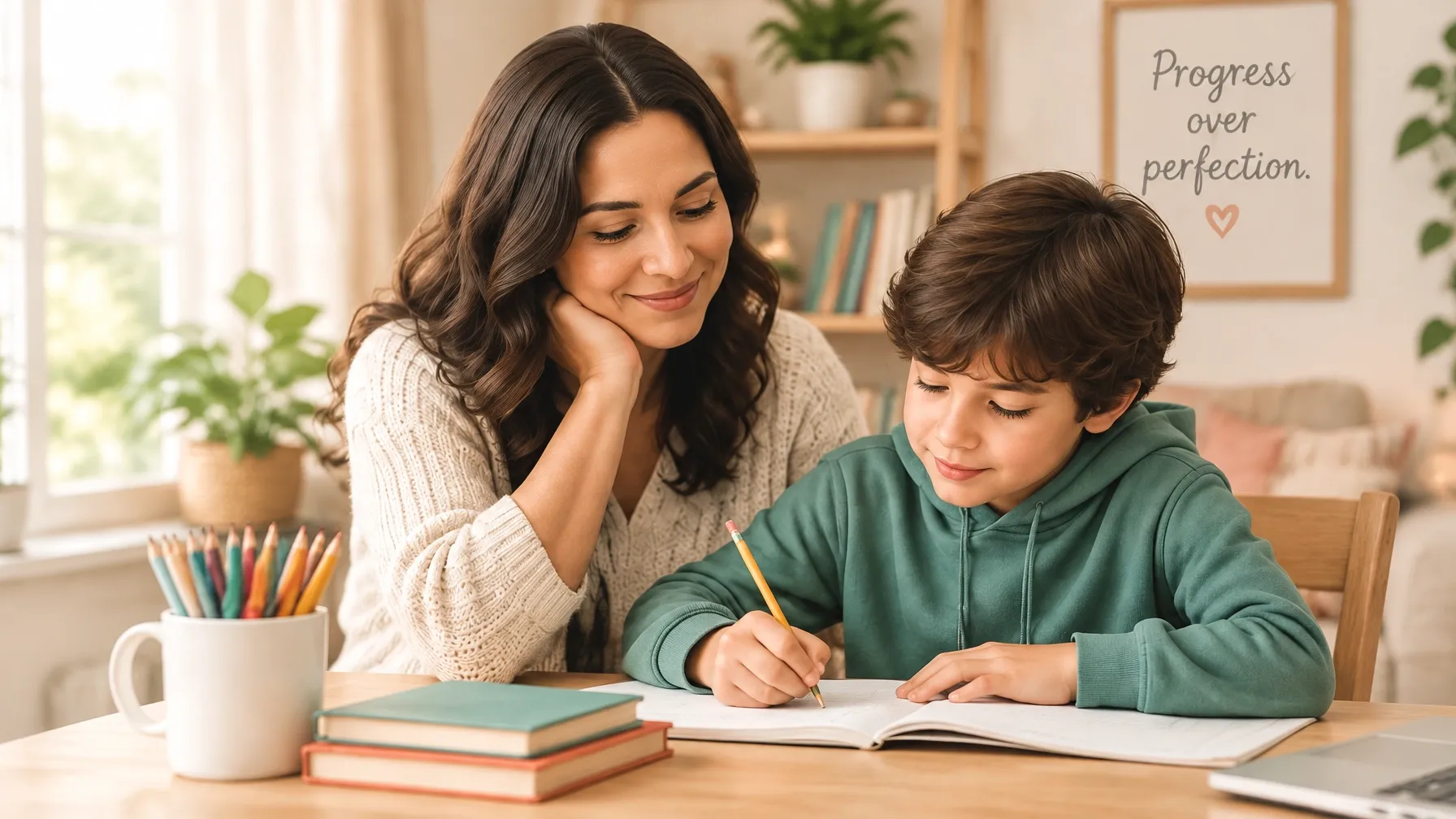 A mother smiling warmly as her son writes in a notebook at a cozy home desk